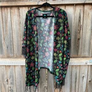 DOUBLE D RANCH large polyester brown floral fringe KIMONO